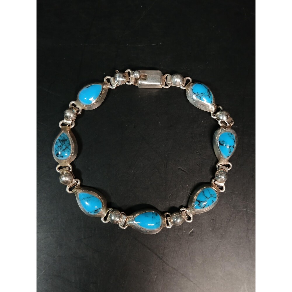 Taxco Sterling Silver 925 Mexican Dyed Howlite Teardrop Bracelet 7in